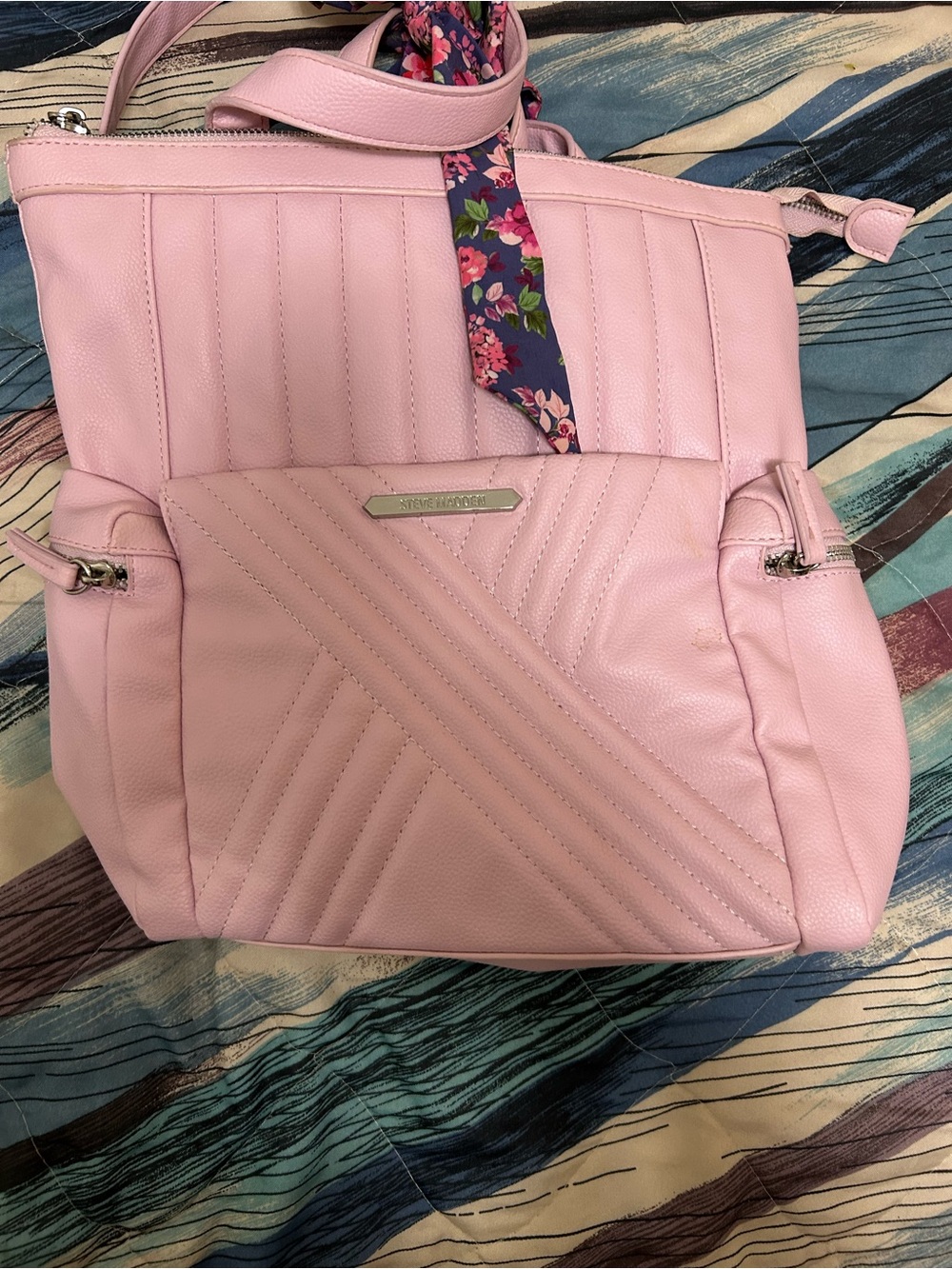 Steve Madden Light Pink Quilted Tote with Floral Scarf Accent
